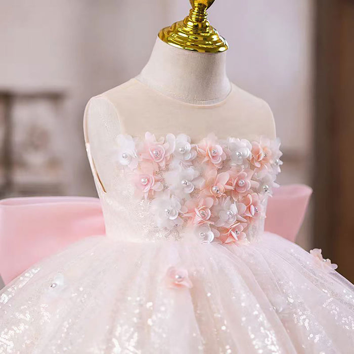 Flower-Adorned Bow Flower Girl Dress With Tailing Pink J548