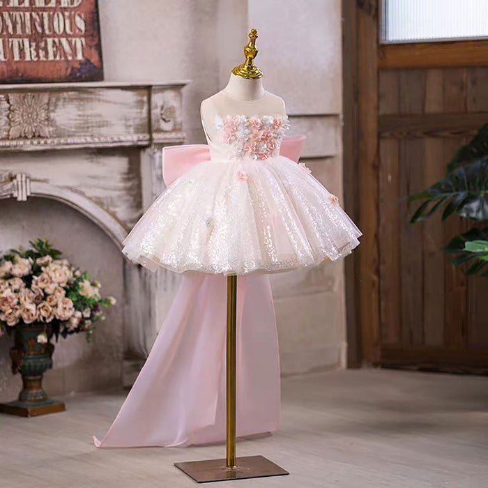 Flower-Adorned Bow Flower Girl Dress With Tailing Pink J548
