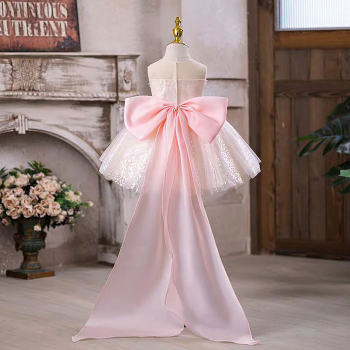 Flower-Adorned Bow Flower Girl Dress With Tailing Pink J548