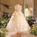 Flower-Adorned Tiered Sleeveless Flower Girl Dress Beige D043