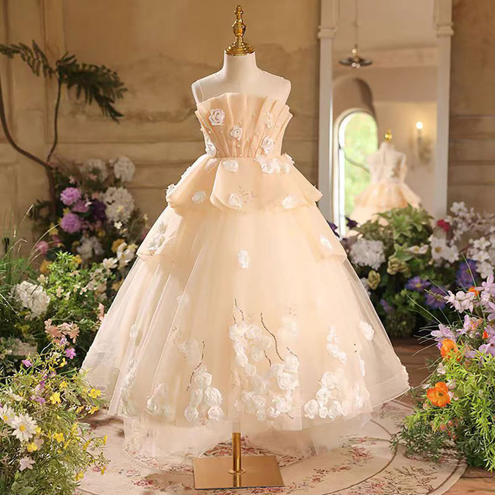 Flower-Adorned Tiered Sleeveless Flower Girl Dress Beige D043