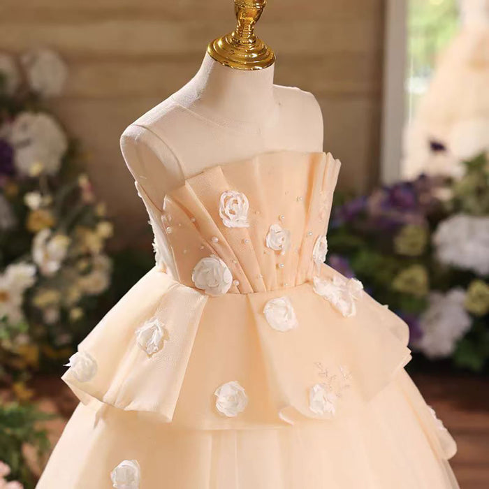 Flower-Adorned Tiered Sleeveless Flower Girl Dress Beige D043