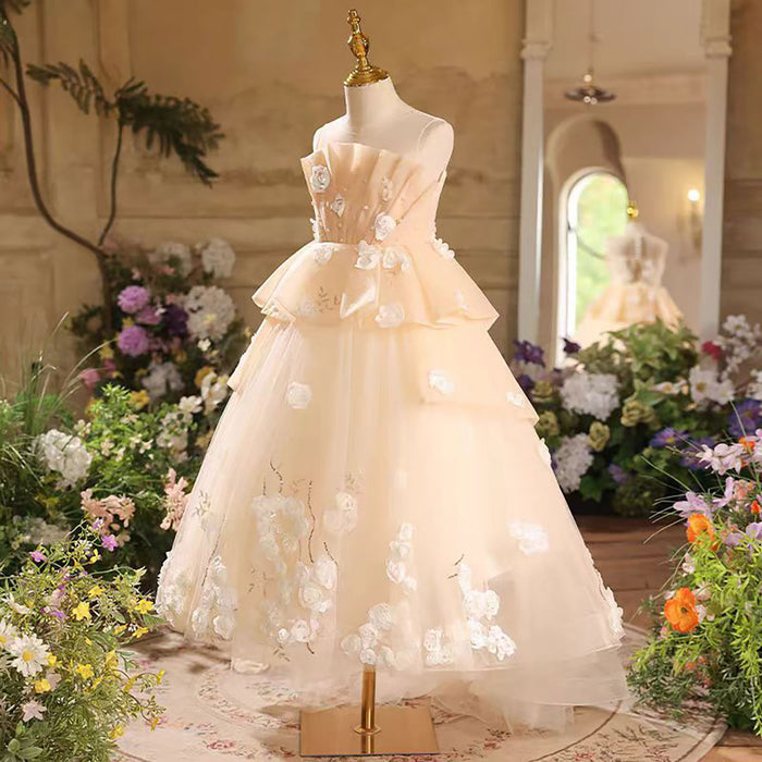 Flower-Adorned Tiered Sleeveless Flower Girl Dress Beige D043