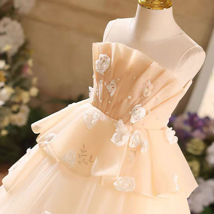 Flower-Adorned Tiered Sleeveless Flower Girl Dress Beige D043