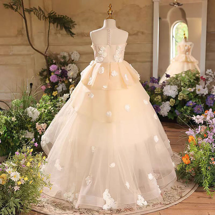 Flower-Adorned Tiered Sleeveless Flower Girl Dress Beige D043