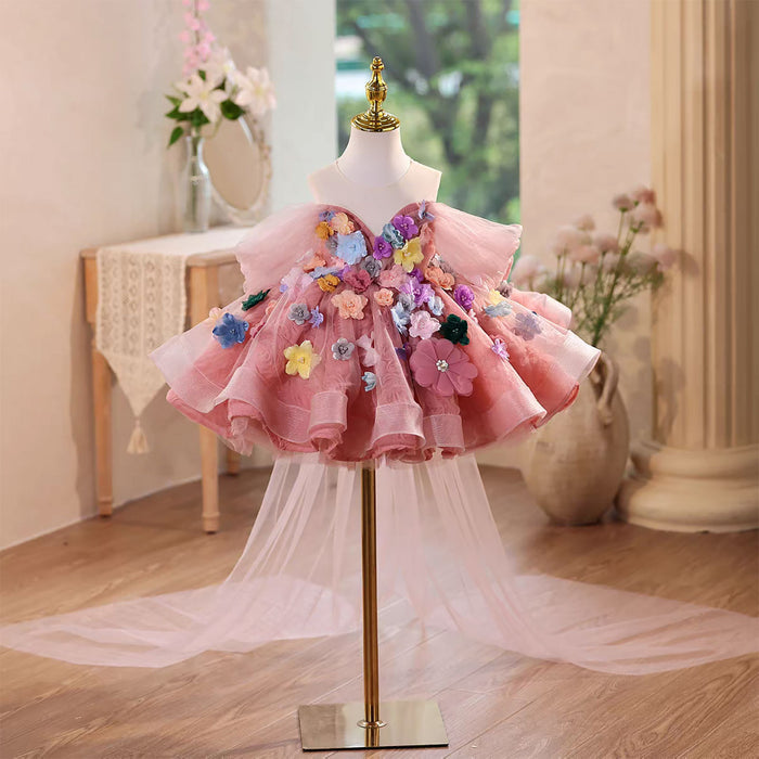 Flower Girl Dress Pink Off Shoulder Layered Ruffles Keen Length J565