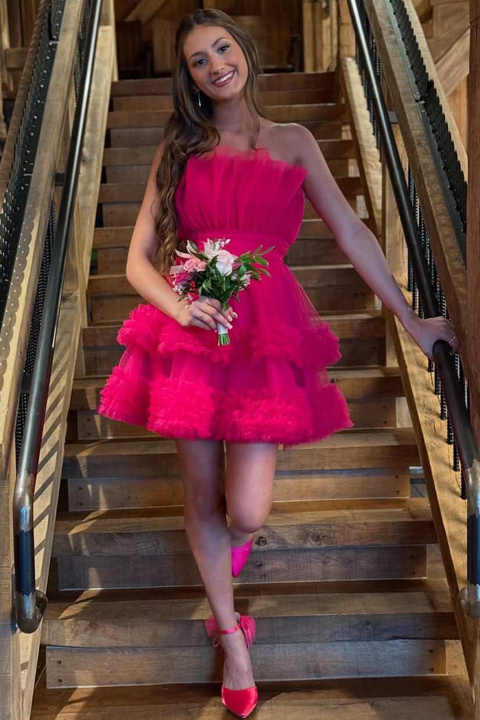 Fuchsia A-Line Strapless Ruffles Tulle Sleeveless Short Homecoming Dress