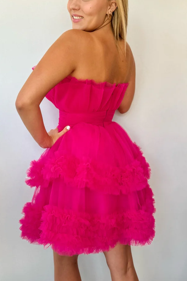 Fuchsia A-Line Strapless Ruffles Tulle Sleeveless Short Homecoming Dress