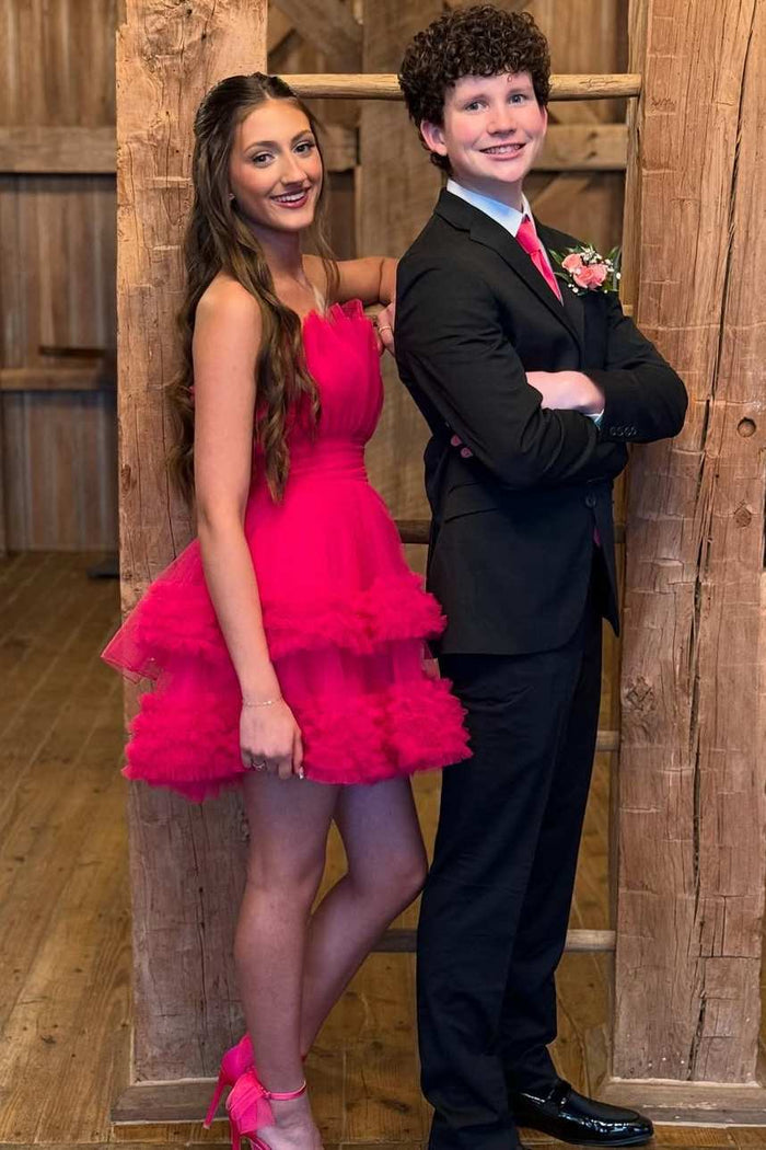 Fuchsia A-Line Strapless Ruffles Tulle Sleeveless Short Homecoming Dress