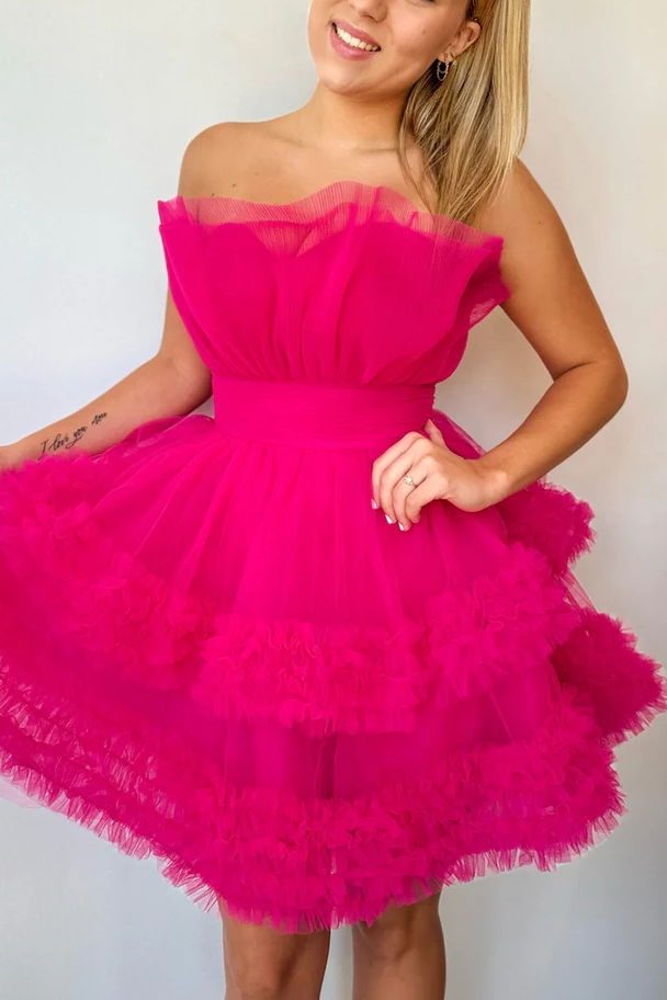 Fuchsia A-Line Strapless Ruffles Tulle Sleeveless Short Homecoming Dress