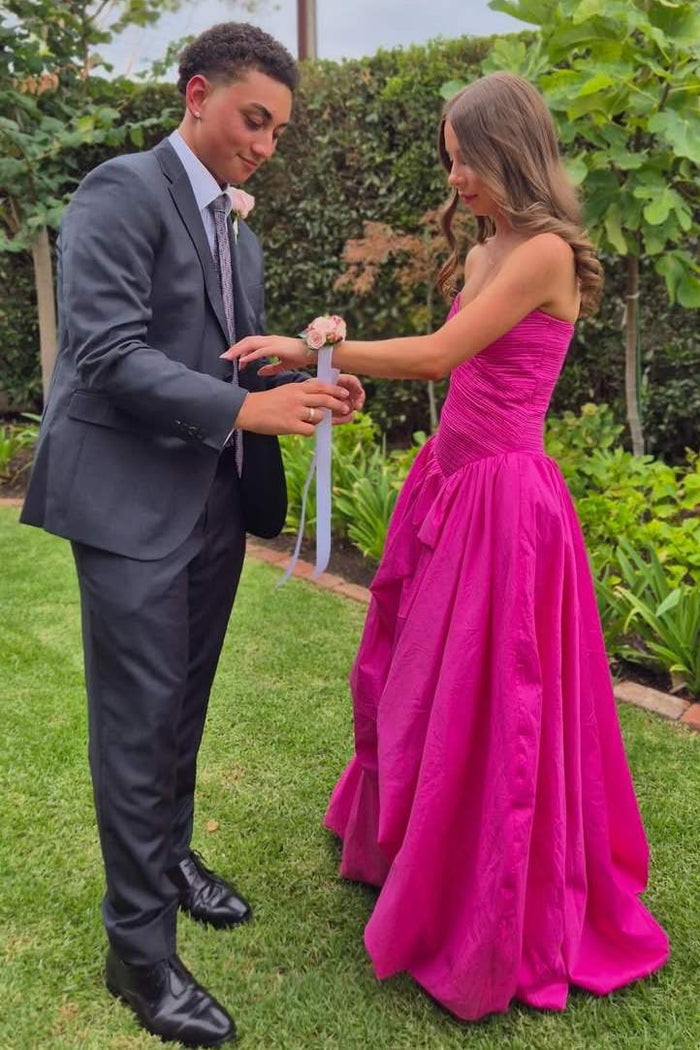 Fuchsia A-Line Strapless Sweetheart Empire-Waist Pleated Prom Dress