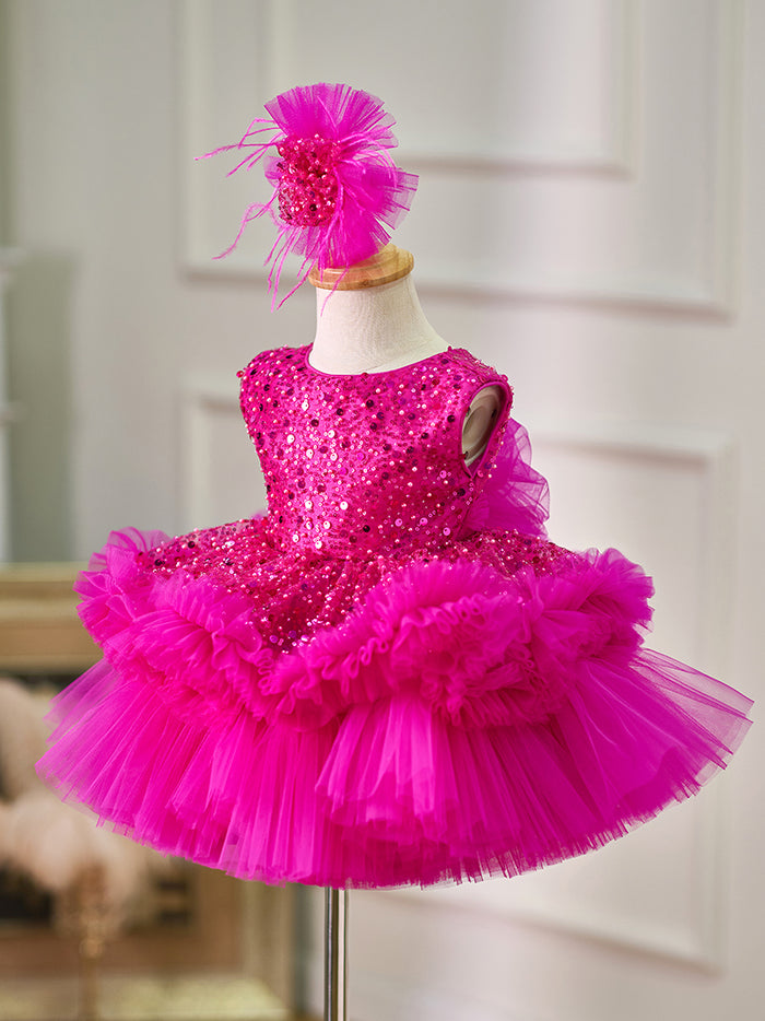 Fuchsia Baby Beading Lace Knee Length Girl Birthday Dress J049