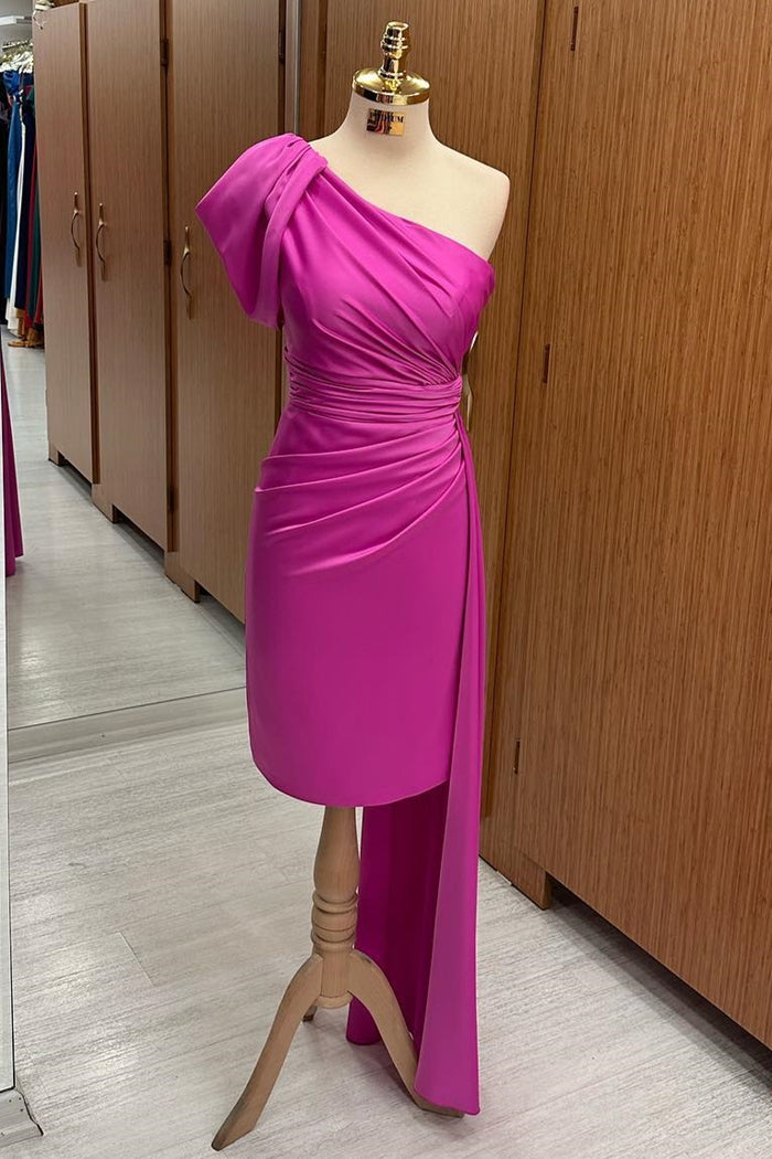 Fuchsia One-Shoulder Ruched Midi Dress with Attached Train