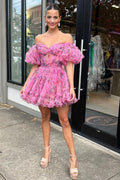 Fuchsia Print Puff Sleeve Ruffle Short Homecoming Dress