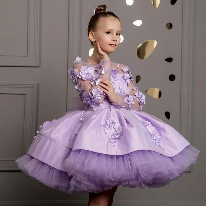 Full Appliqued Pearled Satin Tulle Flower Girl Dress J780