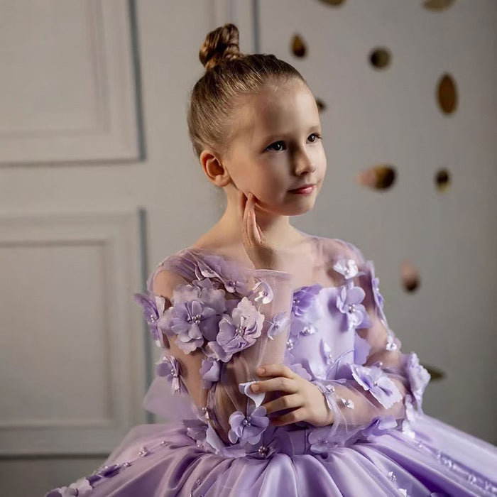 Full Appliqued Pearled Satin Tulle Flower Girl Dress J780