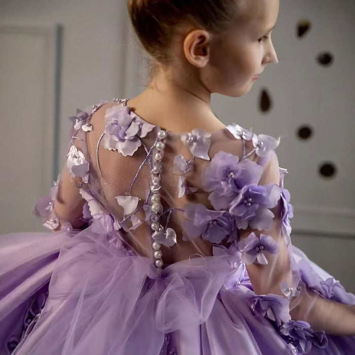 Full Appliqued Pearled Satin Tulle Flower Girl Dress J780