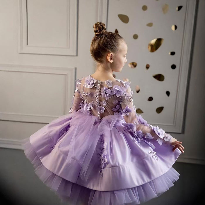 Full Appliqued Pearled Satin Tulle Flower Girl Dress J780