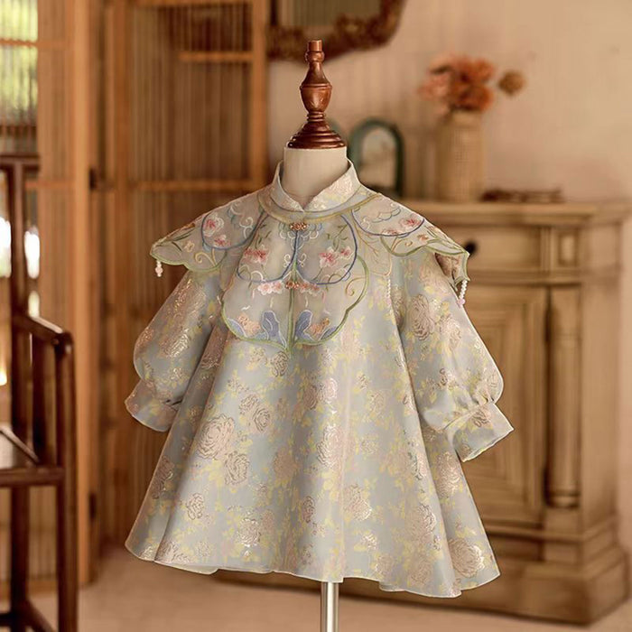 Girl Chinese Style Dress Cloud Shoulder for Kids Birthday Party D007