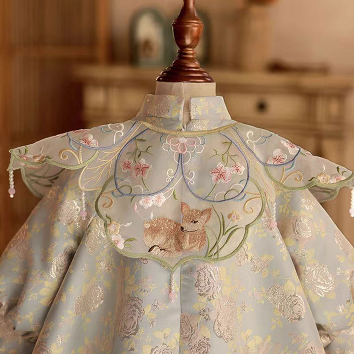 Girl Chinese Style Dress Cloud Shoulder for Kids Birthday Party D007