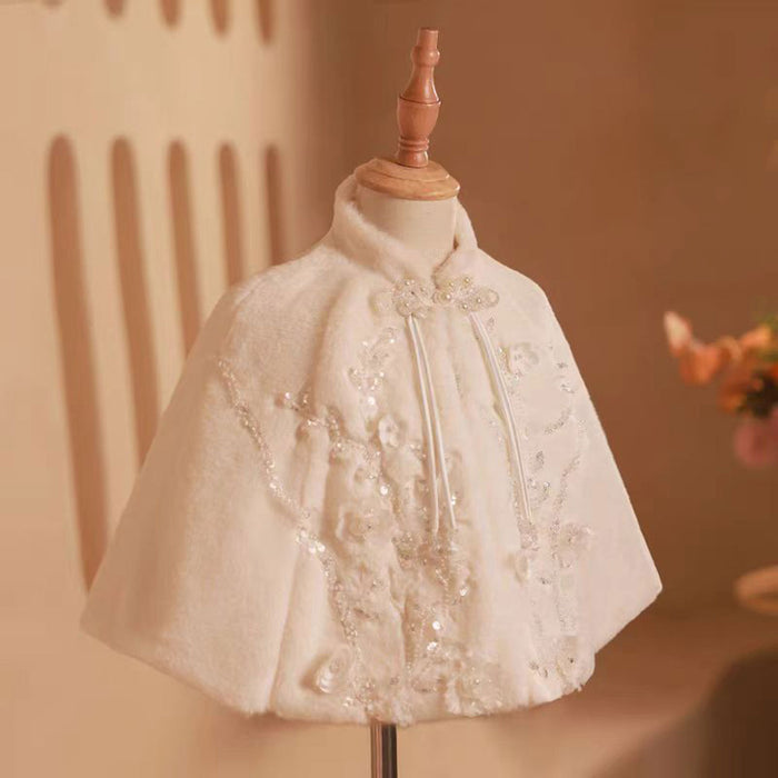 Girls Shawl Plus Velvet White Long Sleeve Winter Warm With Cape W002