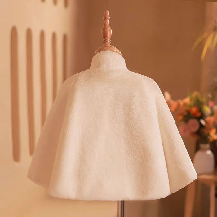 Girls Shawl Plus Velvet White Long Sleeve Winter Warm With Cape W002