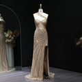 Glamorous Champagne Crystal Evening Dress with High Slit SS084