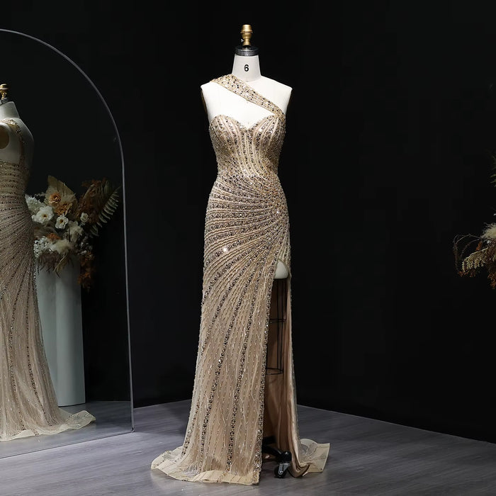 Glamorous Champagne Crystal Evening Dress with High Slit SS084
