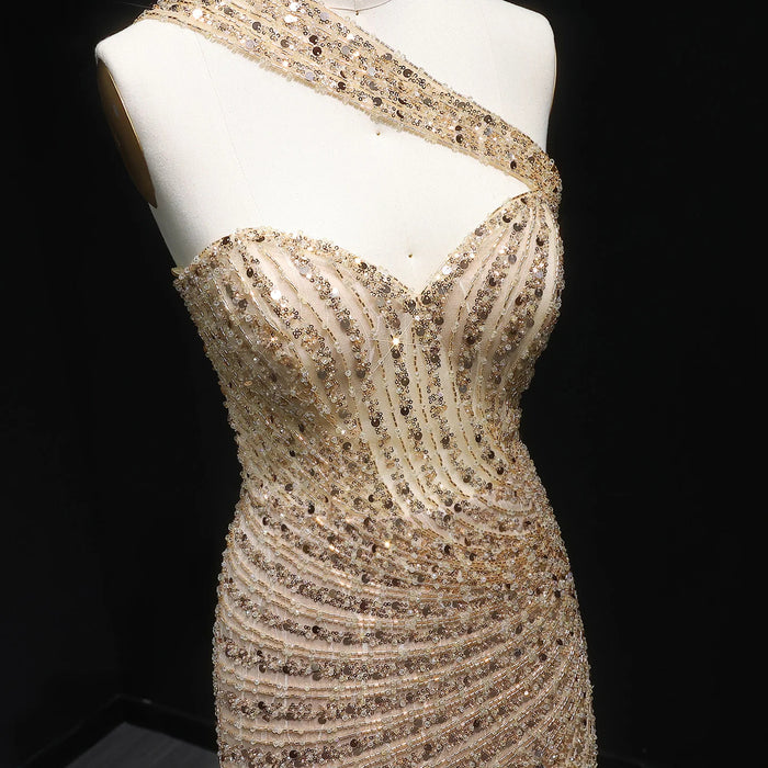 Glamorous Champagne Crystal Evening Dress with High Slit SS084