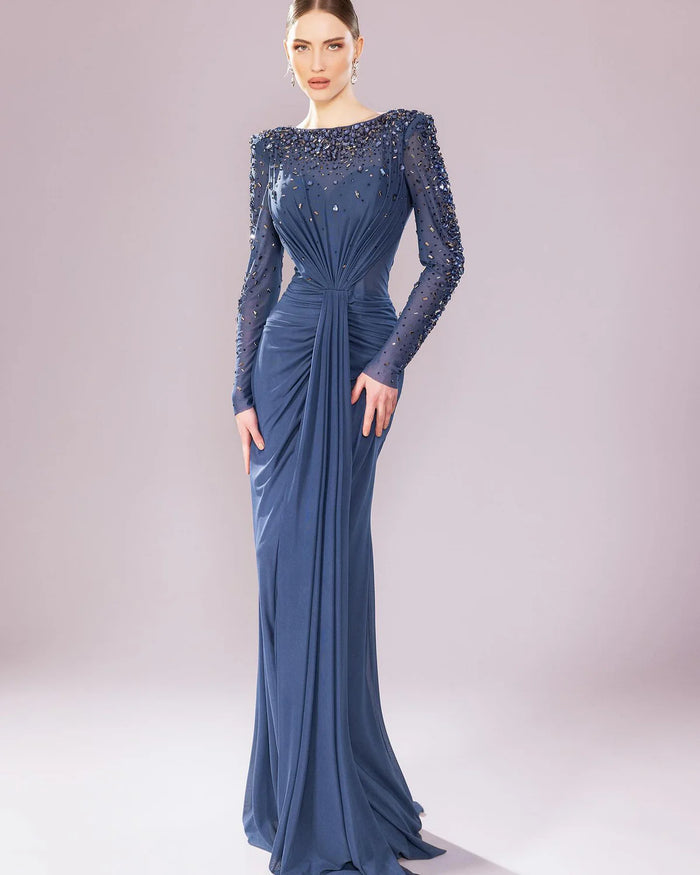 Glamorous Draped Evening Dress with Long Sleeves SS565-DreamyVow