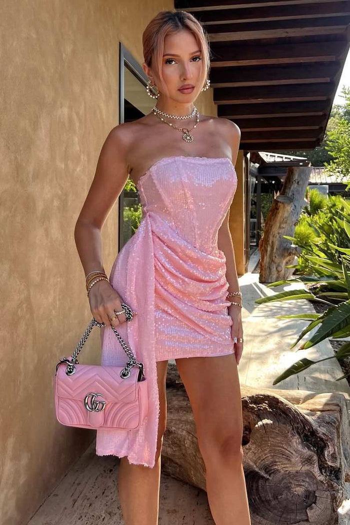 Glitter Pink Strapless Pleats Sleeveless Short Homecoming Party Dress