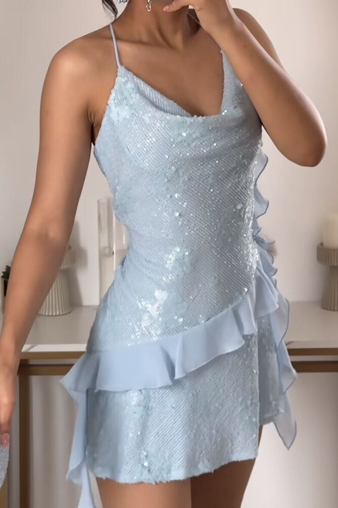 Glitter Spaghetti Straps Cowl Neck Sequins Ruffles Short Homecoming Dress