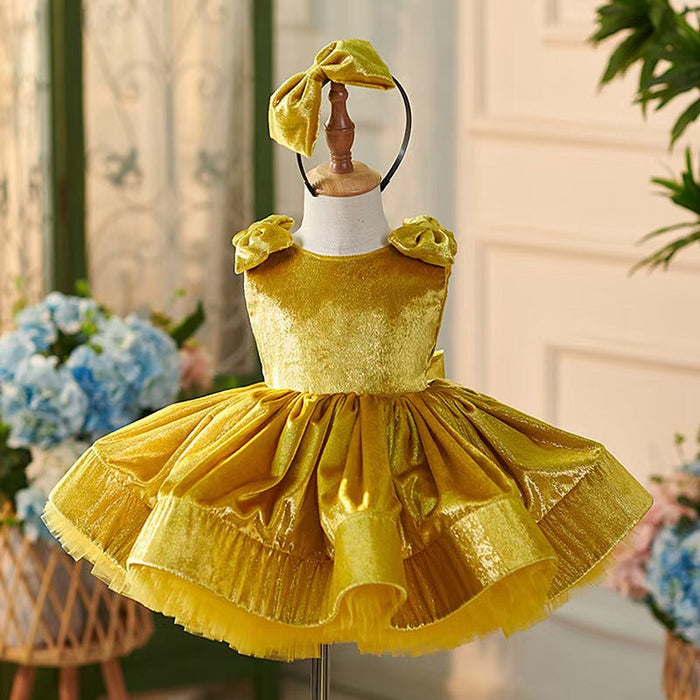 Gold Knee Length Baby 1st Birthday Girl Dress J306