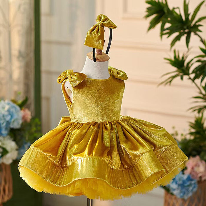 Gold Knee Length Baby 1st Birthday Girl Dress J306
