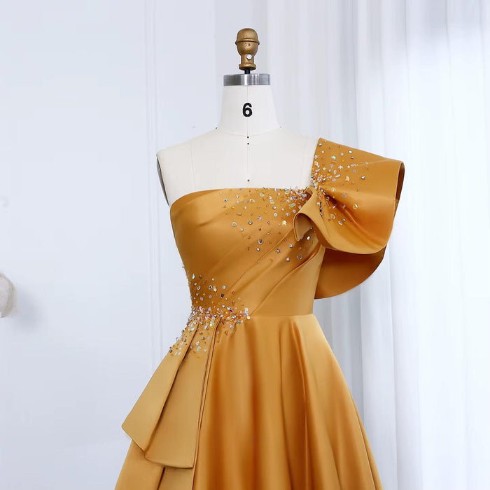 Gold One Shoulder Arabic Evening Dress Dubai Pink Lilac SS592