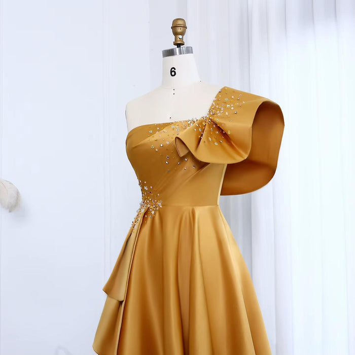 Gold One Shoulder Arabic Evening Dress Dubai Pink Lilac SS592
