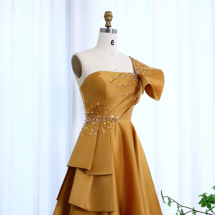 Gold One Shoulder Arabic Evening Dress Dubai Pink Lilac SS592