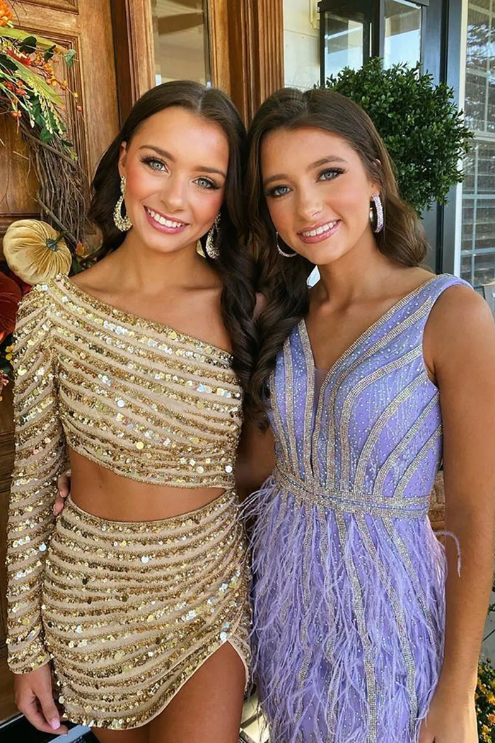 Gold One Shoulder Sequin Homecoming Mini Dress with Cut Out