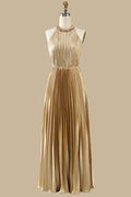 Gold Round Neck Ruffle Pleated Maxi Dress