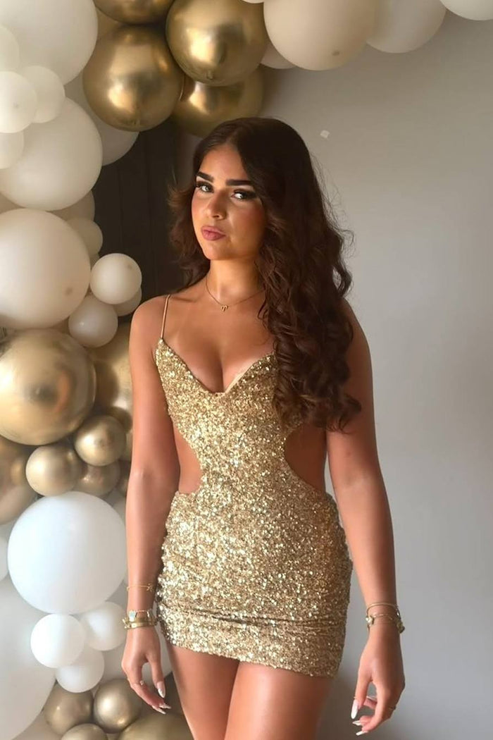 Gold Spaghetti Straps V-Neck Cut-out Waist Sequined Mini Homecoming Dress