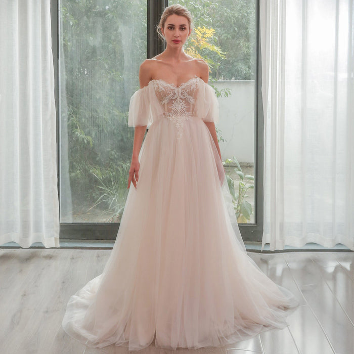 Gorgeous Off-The-Shoulder Sweetheart A Line Wedding Dresses - Rosymae