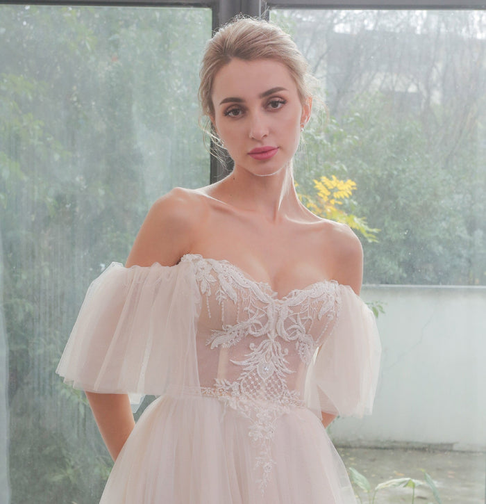 Gorgeous Off-The-Shoulder Sweetheart A Line Wedding Dresses - Rosymae