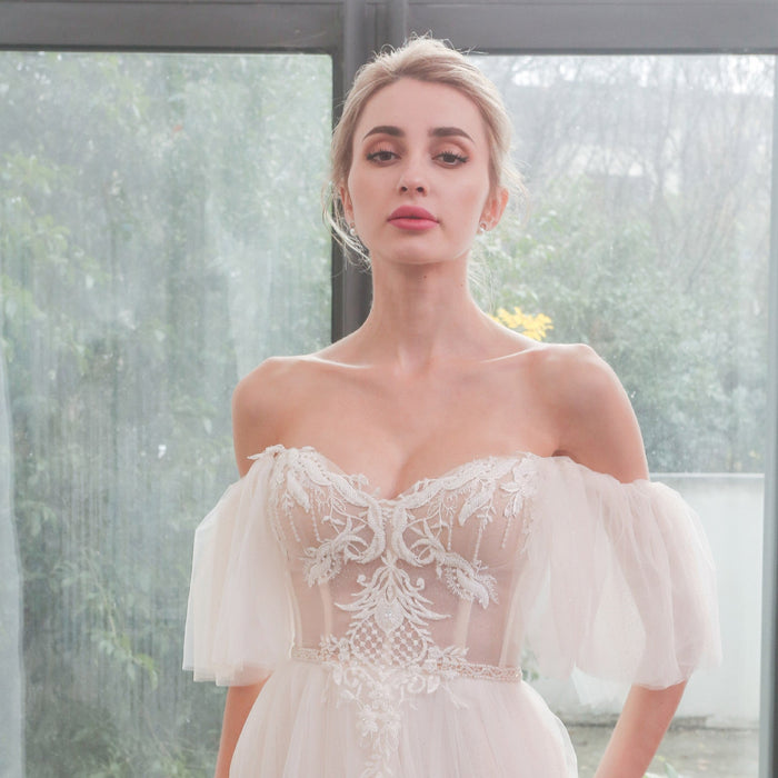 Gorgeous Off-The-Shoulder Sweetheart A Line Wedding Dresses - Rosymae