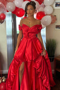 Gorgeous Red A-Line Empire-Waist Ruched Off-Shoulder Long Prom Dress