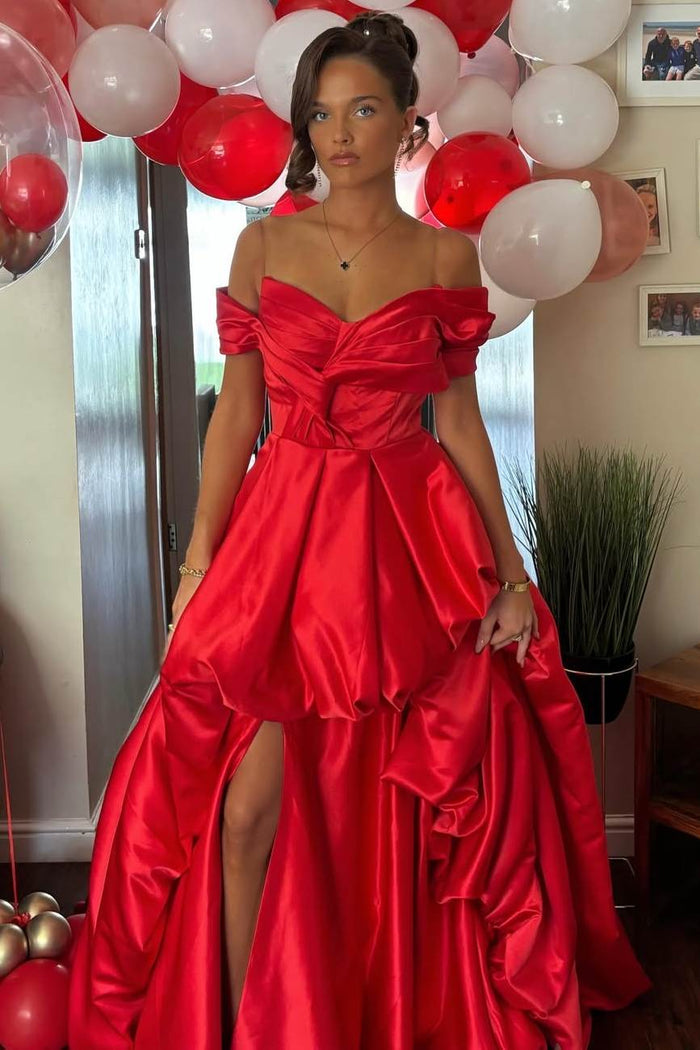 Gorgeous Red A-Line Empire-Waist Ruched Off-Shoulder Long Prom Dress