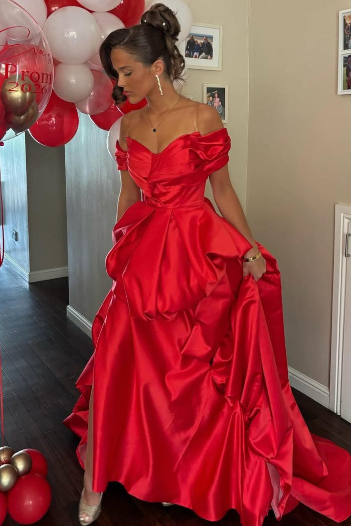 Gorgeous Red A-Line Empire-Waist Ruched Off-Shoulder Long Prom Dress