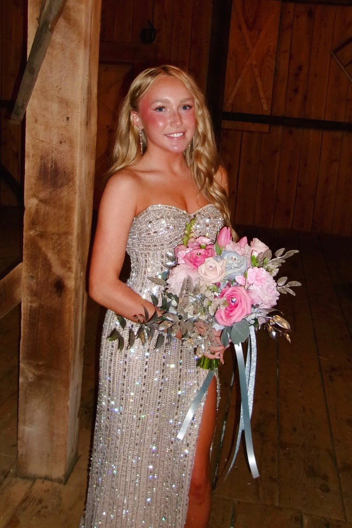 Gorgeous Silver Beaded Strapless Sweetheart Long Prom Dress with Slit