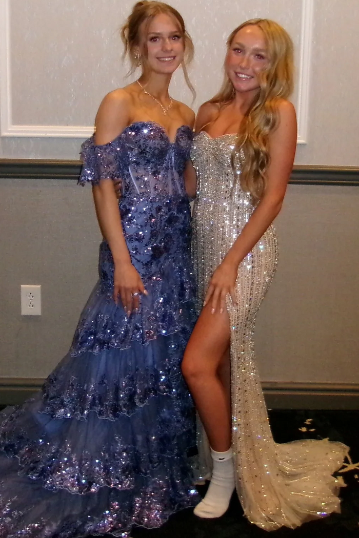 Gorgeous Silver Beaded Strapless Sweetheart Long Prom Dress with Slit