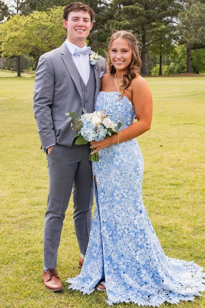 Gorgeous Strapless Lace Appliques Mermaid Long Prom Dress with Slit