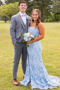 Gorgeous Strapless Lace Appliques Mermaid Long Prom Dress with Slit